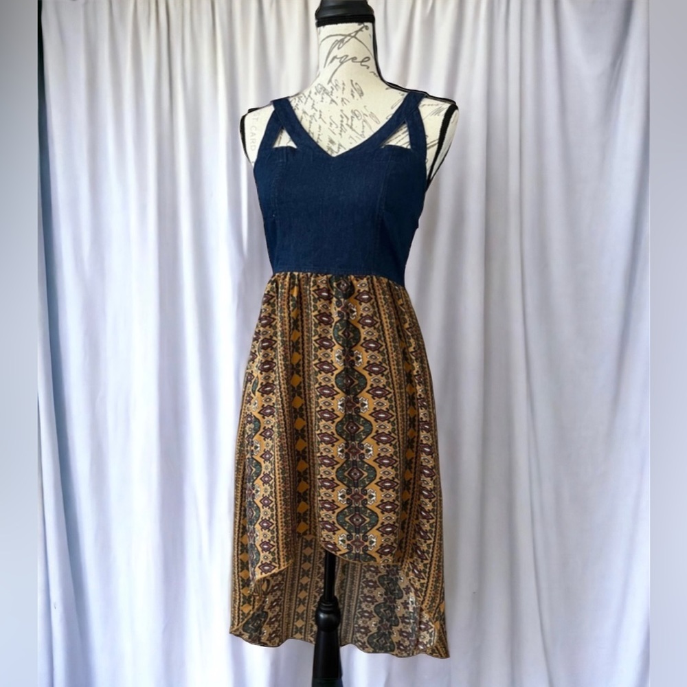 Blue denim top print bottom high-low dress by Event, juniors medium small EUC